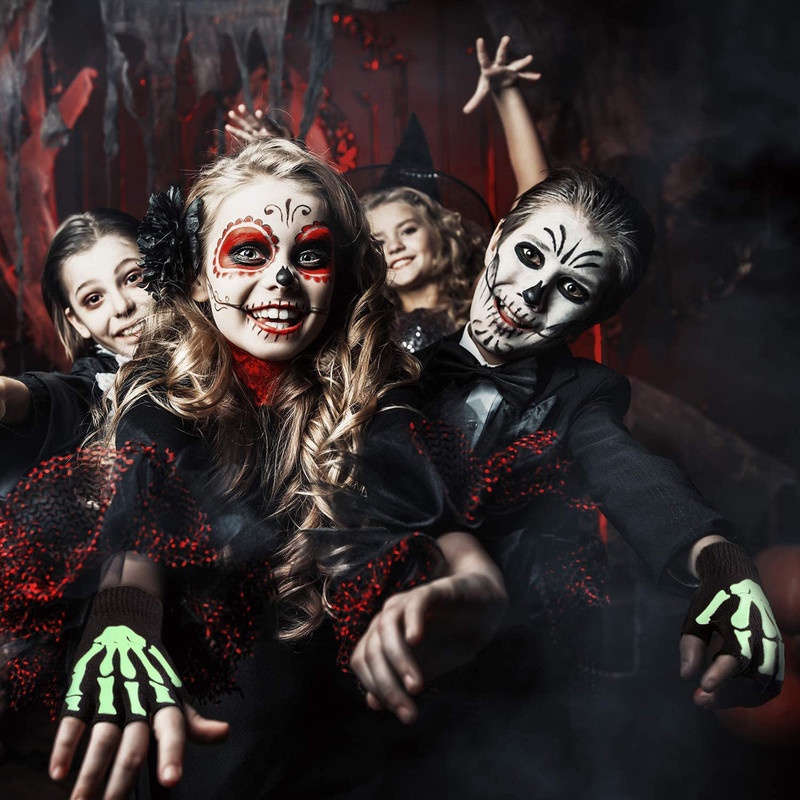 Gói găng tay hở ngón dệt kim hình xương bàn tay phát quang hóa trang lễ halloween cho người lớn