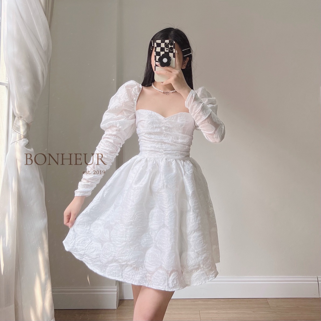 Váy tay bồng dài đầm xoè tơ hoa hồng tiểu thư phong cách công chúa thanh lịch bồng bềnh Bonrose Dress | BigBuy360 - bigbuy360.vn