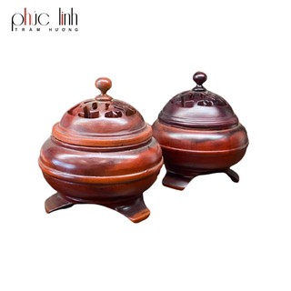 Lư Đốt Trầm Hương Bằng Gỗ Như Ý_Tặng kèm Nụ Trầm Viên_Xông Nụ, Khoanh Trầm_Cao 12cm_Đường Kính 9cm_Đỏ Nâu