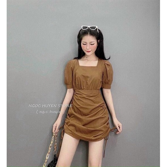 ( MIỄN PHÍ SHIP 2022) Đầm tiểu thư cổ vuông tay phồng, váy nữ đi chơi rút dây hông