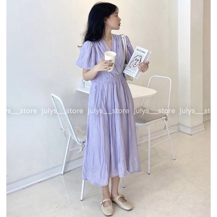Đầm tơ dáng dài cổ V tay bồng vạt lệch ngực thanh lịch