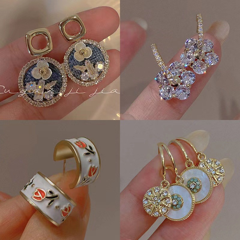 Bông Tai Mạ Bạc 925 Hình Hoa Đính Kim Cương Lấp Lánh Sang Trọng Phong Cách Pháp vintage Cho Nữ