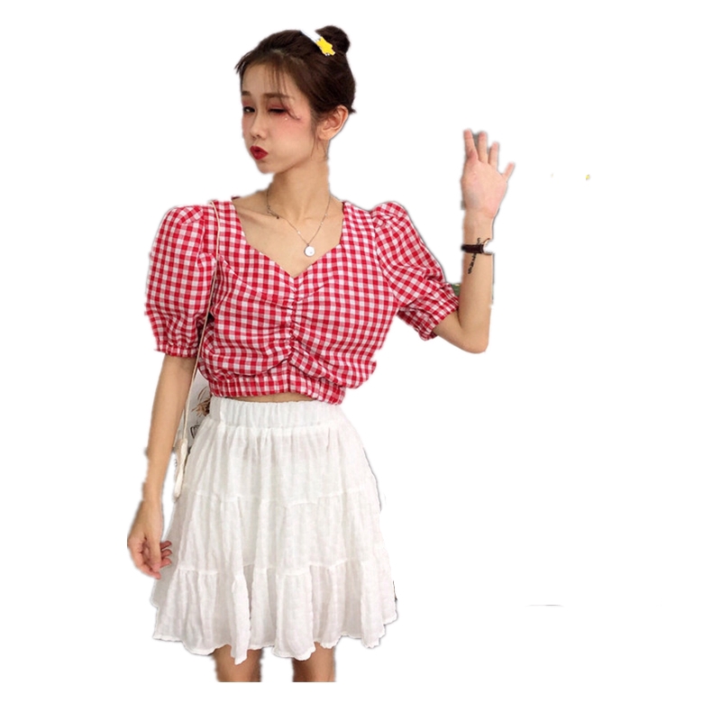 IELGY   Áo Cổ Chữ V Tay Phồng Họa Tiết Kẻ Sọc