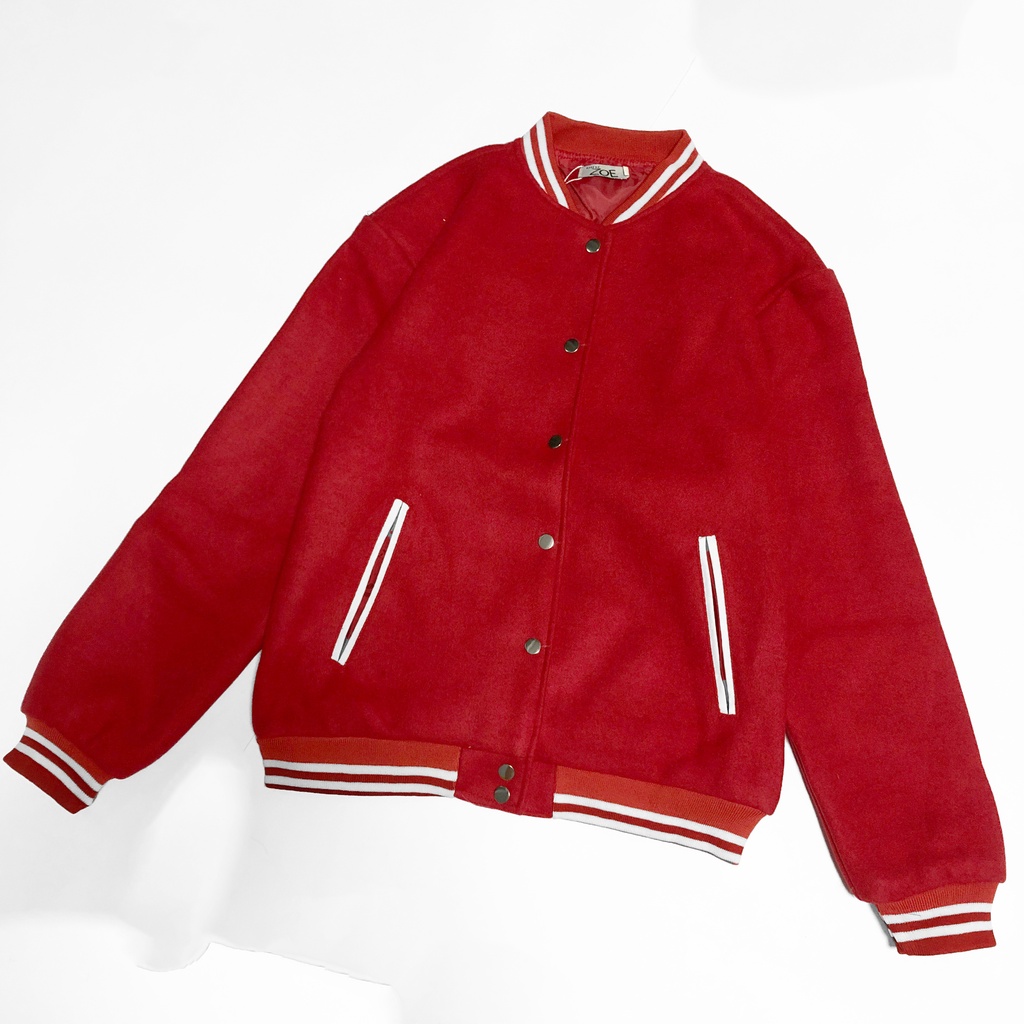 [Mã FAMARAL1 giảm 10K đơn 50K] áo BOMBER khoác đỏ unisex chất dạ cao cấp, áo khoác dạ phối viền trắng, ZoeClothing