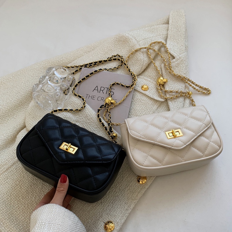 Túi Đeo Chéo Hình Vuông Cỡ Nhỏ Màu Đen Phối Dây Xích Thời Trang Cho Nữ