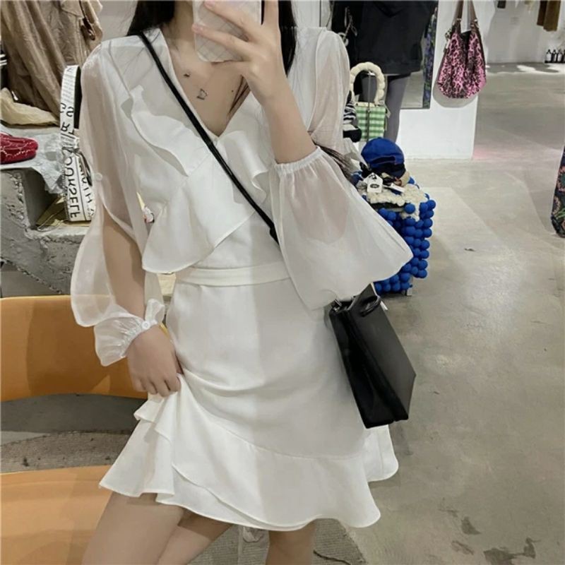 6:30PM Order Váy babydoll ulzzang cổ v phối tay vải voan mỏng xẻ tà