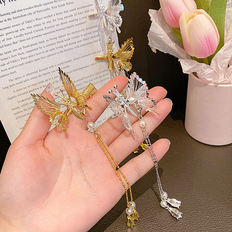 Kẹp Tóc Mỏ Vịt/Kẹp Tóc Hình Cánh Bướm Rỗng Bằng Kim Loại Đính Ngọc Trai Thanh Lịch Khí Chất Hàn Quốc