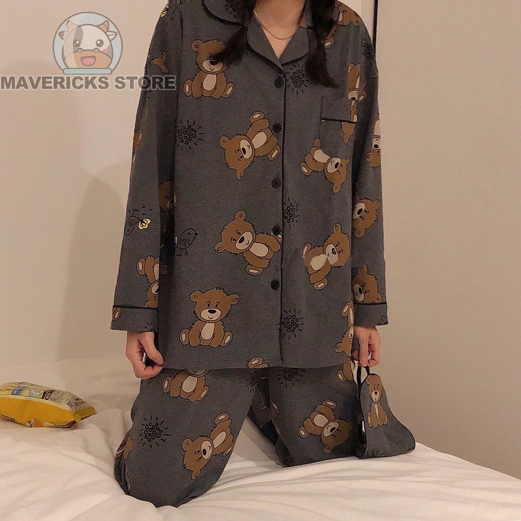 Bộ Đồ Ngủ Tay Dài In Hình Gấu Nâu Dễ Thương Phong Cách Hàn Quốc Cho Nữ