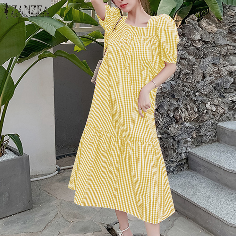 Đầm ZANZEA maxi tay ngắn cổ vuông phồng in sọc caro cho nữ