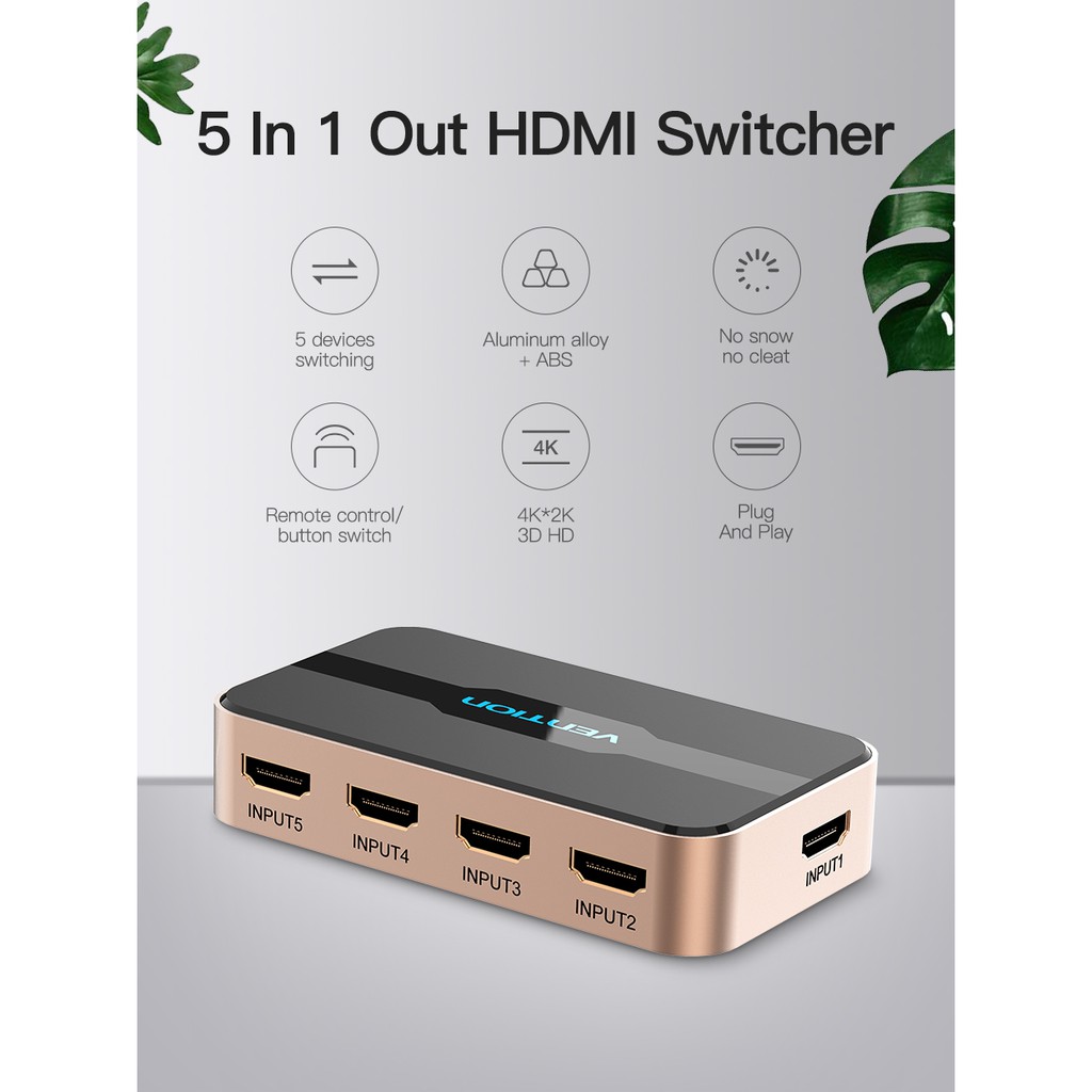 Bộ gộp tín hiệu HDMI 5 vào 1 ra chính hãng Vention vỏ kim loại, có điều khiển 3d, 4k