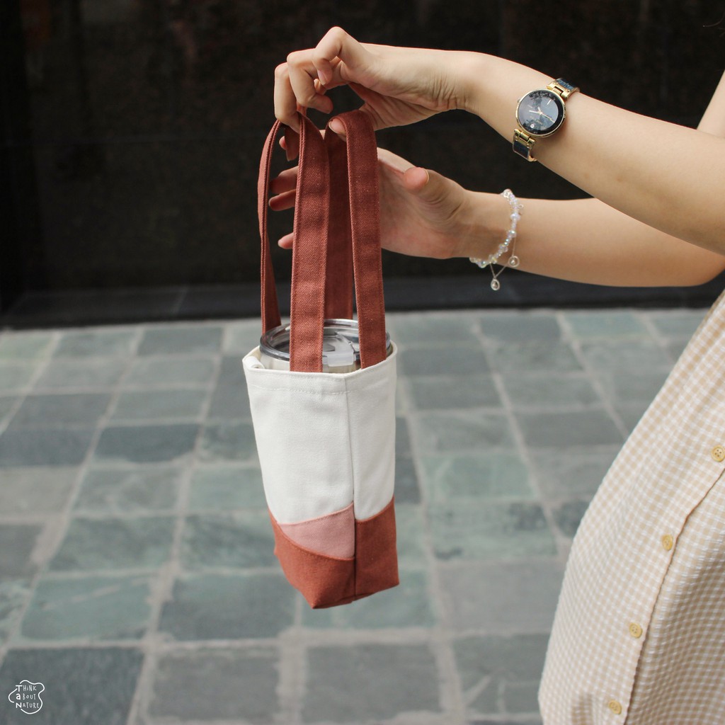 Túi vải 3 màu đựng bình nước (Hồng đất) bảo vệ môi trường/ Túi vải đựng bình giữ nhiệt/ ly giữ nhiệt