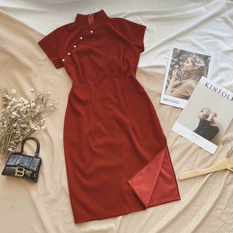 Sườn xám cách tân nhung đính hạt trai m92 | BigBuy360 - bigbuy360.vn