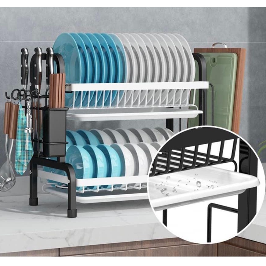 Kệ để bát đĩa hai tầng Kệ chạn úp chén đĩa thép đen có khay đựng nước