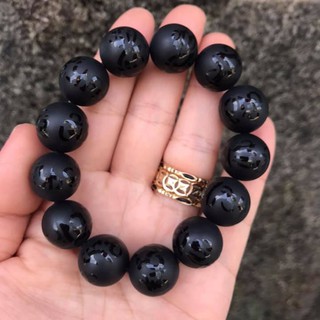 VÒNG TAY ĐÁ MÀU ĐEN MỜ KHẮC CHÚ ĐẠI BI SIZE HẠT 16LY