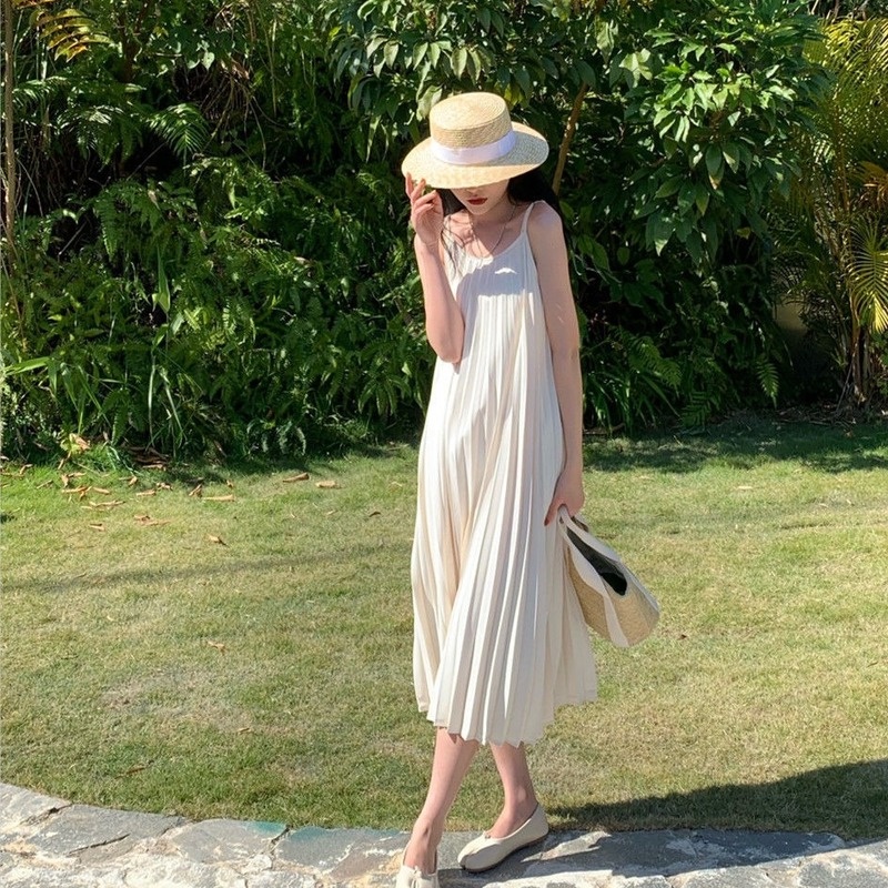 Đầm Hai Dây Xếp Ly Màu Trơn Dáng Rộng Phong Cách Hàn Quốc Hàng Mới Dành Cho Bạn Nữ