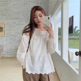 [CÓ SẴN] Áo sơ mi kiểu nữ phối ren cổ dài tay tiểu thư phong cách Hàn Quốc ulzzang