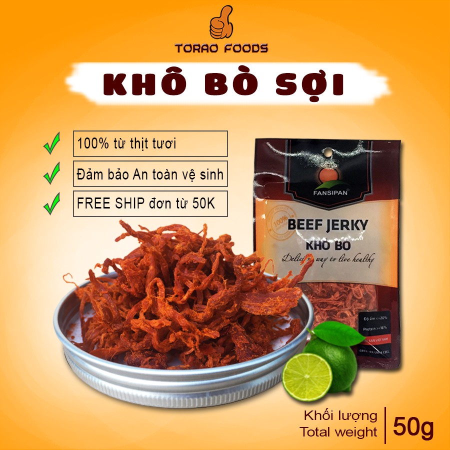 Khô bò sợi FANSIPAN 50g, khô bò sợi cay, khô bò sợi loại 1 đảm bảo An toàn Vệ Sinh, Torao Foods - đồ ăn vặt ngon