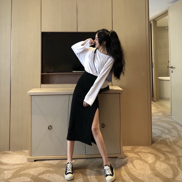 Xiaozhainv Áo thun màu trơn tay dài/ chân váy lưng cao xẻ tà kiểu dáng gợi cảm cho nữ | BigBuy360 - bigbuy360.vn