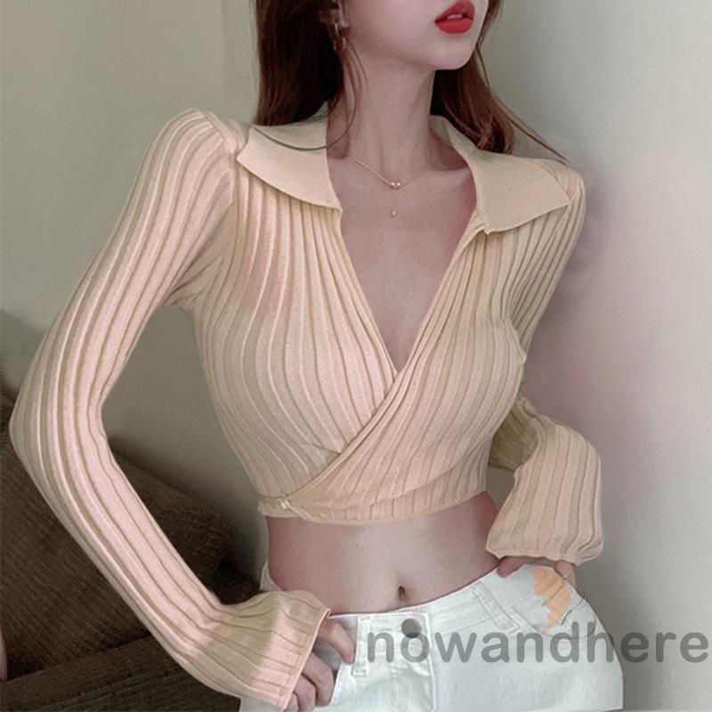 Áo Thun Nữ Cổ Bẻ Tay Dài Cột Dây Màu Trơn / Trắng / Mơ / Hồng Xinh Xắn