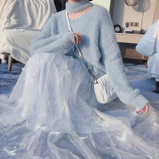 💖RIOME Tủ quần áo💖Chân Váy Lưới Mỏng Lưng Cao Thêu Họa Tiết Pháo Hoa Xinh Xắn Cho Nữ