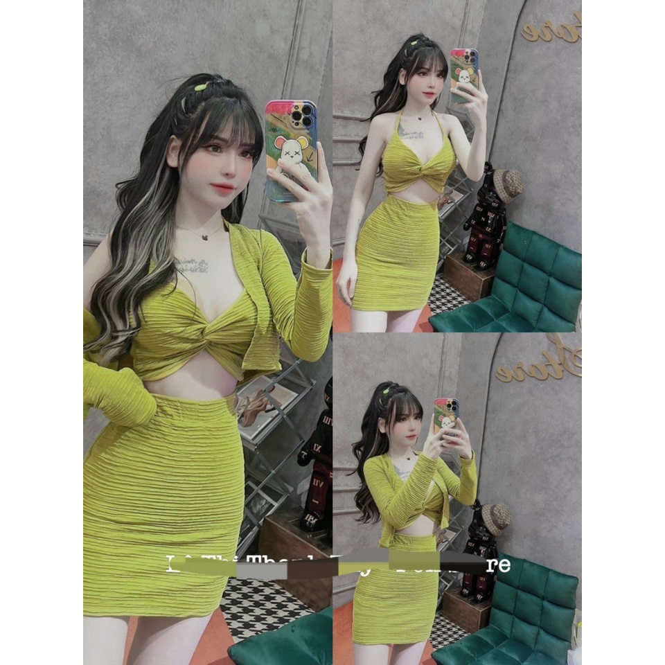 Sét bộ đi chơi,sét 3 món gồm áo khoác ngoài dài tay ,áo bra và chân váy cực xinh chất thun xốp kim cương y mẫu