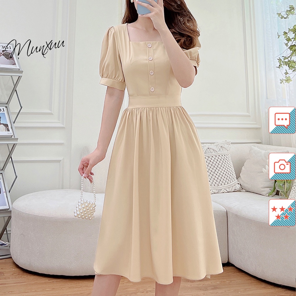 Đầm nữ thiết kế MUNXUU phối cúc kiểu cổ vuông vải tơ mềm mát kiểu dáng thanh lịch - V009