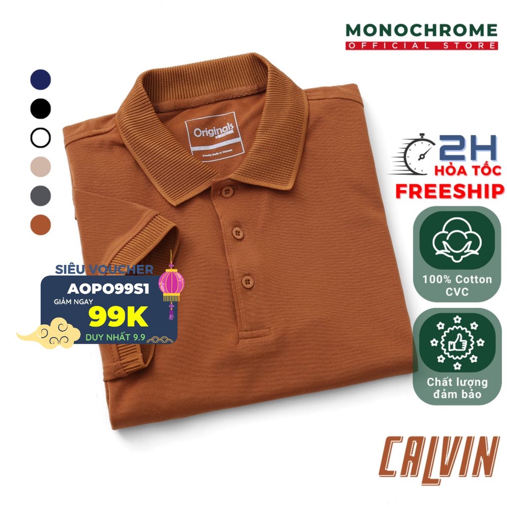 Áo polo nam Calvin màu nâu bo dệt tăm 100% cotton cá sấu gai cao cấp có cổ bẻ tay ngắn chuẩn form công sở OG3 MONOCHROME