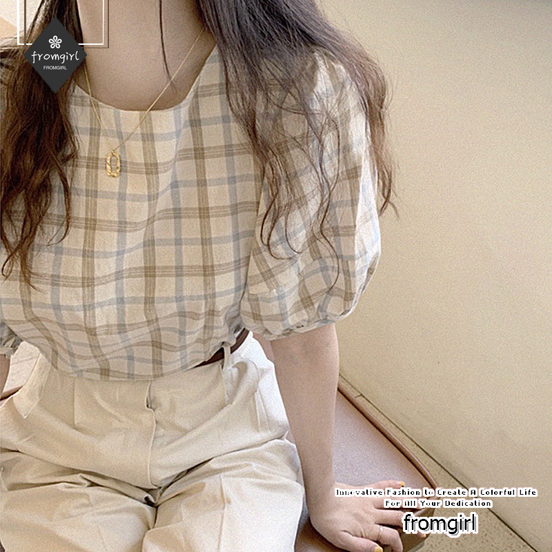 Áo Sơ Mi Tay Ngắn Cổ Tròn Kẻ Ca-Rô Trẻ Trung Phong Cách Retro