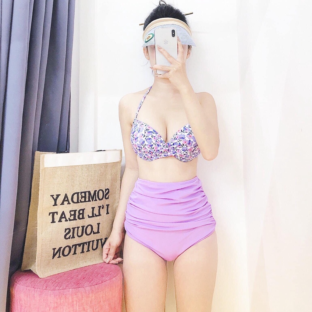 Bikini Nữ Đệm Dày Nâng Ngực Quần Cạp Cao Rúm Che Bụng vạt chéo ngắn G01Ngan