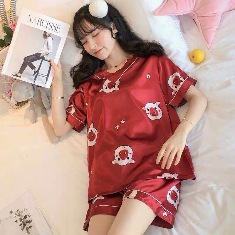 Đồ bộ pijama, bộ lụa cộc đùi cổ chữ V hoạ tiết hoạt hình ( Hàng QC )