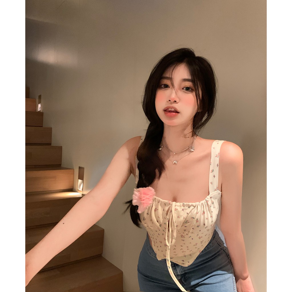 (ORDER) Áo hai dây hoa nhí màu vàng cúp ngực thắt nơ vạt chéo sexy cá tính mùa hè (new_arrivals)