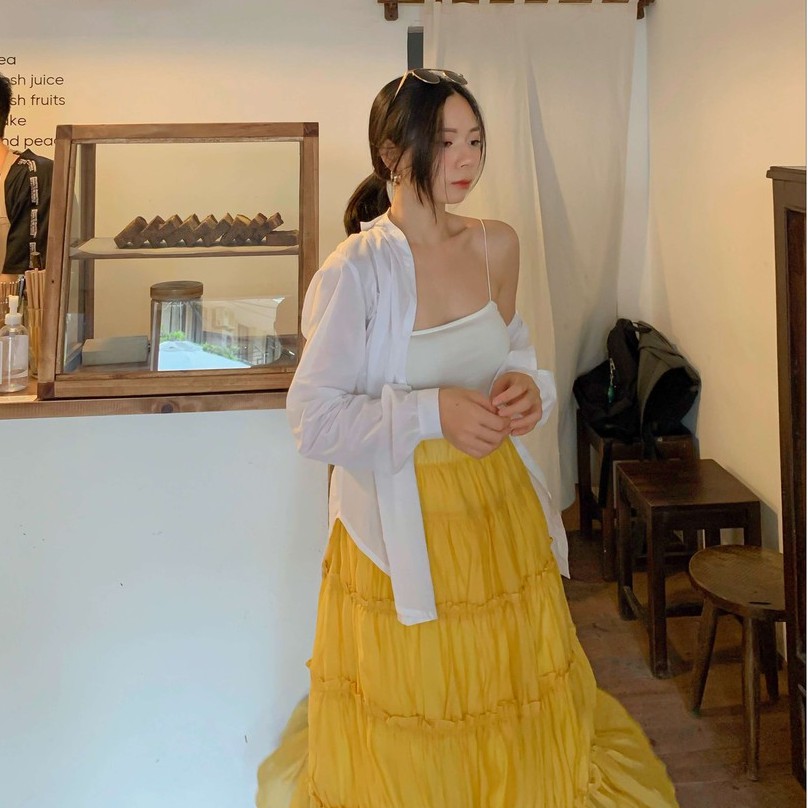 Chân váy dài xếp tầng chất tơ ý cạp chun đủ màu, freesize, thiết kế T-Ju, phong cách Hàn Quốc (cv trong trẻo) | BigBuy360 - bigbuy360.vn