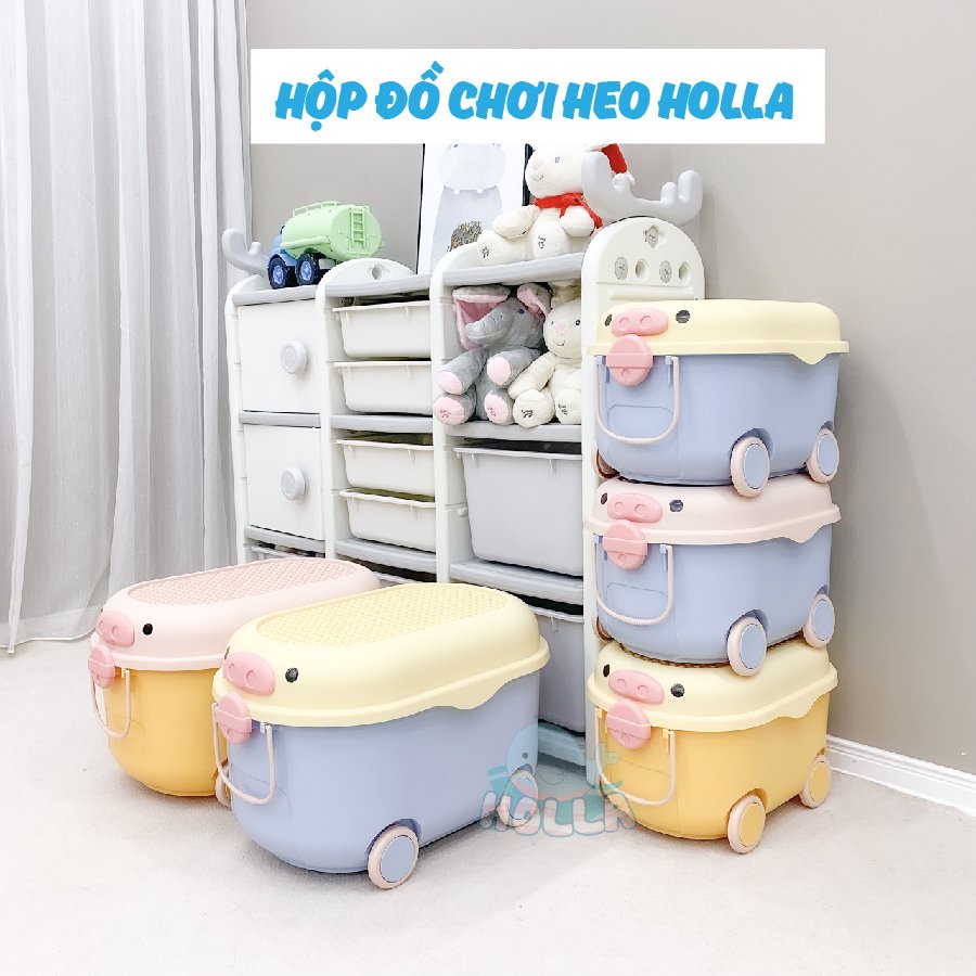 Thùng đựng đồ chơi Heo Holla 3in1 có bánh xe và tay kéo - Mặt xếp Lego cực tiện lợi | Hộp đụng đồ chơi cho bé