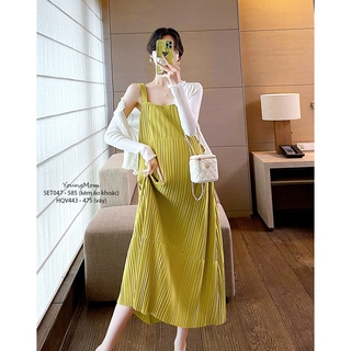 Young Mom | Set váy bầu SET047 chất vải lụa dập ly, trẻ trung hàng nhập Quảng Châu Thai sản Thai kỳ Thoải mái