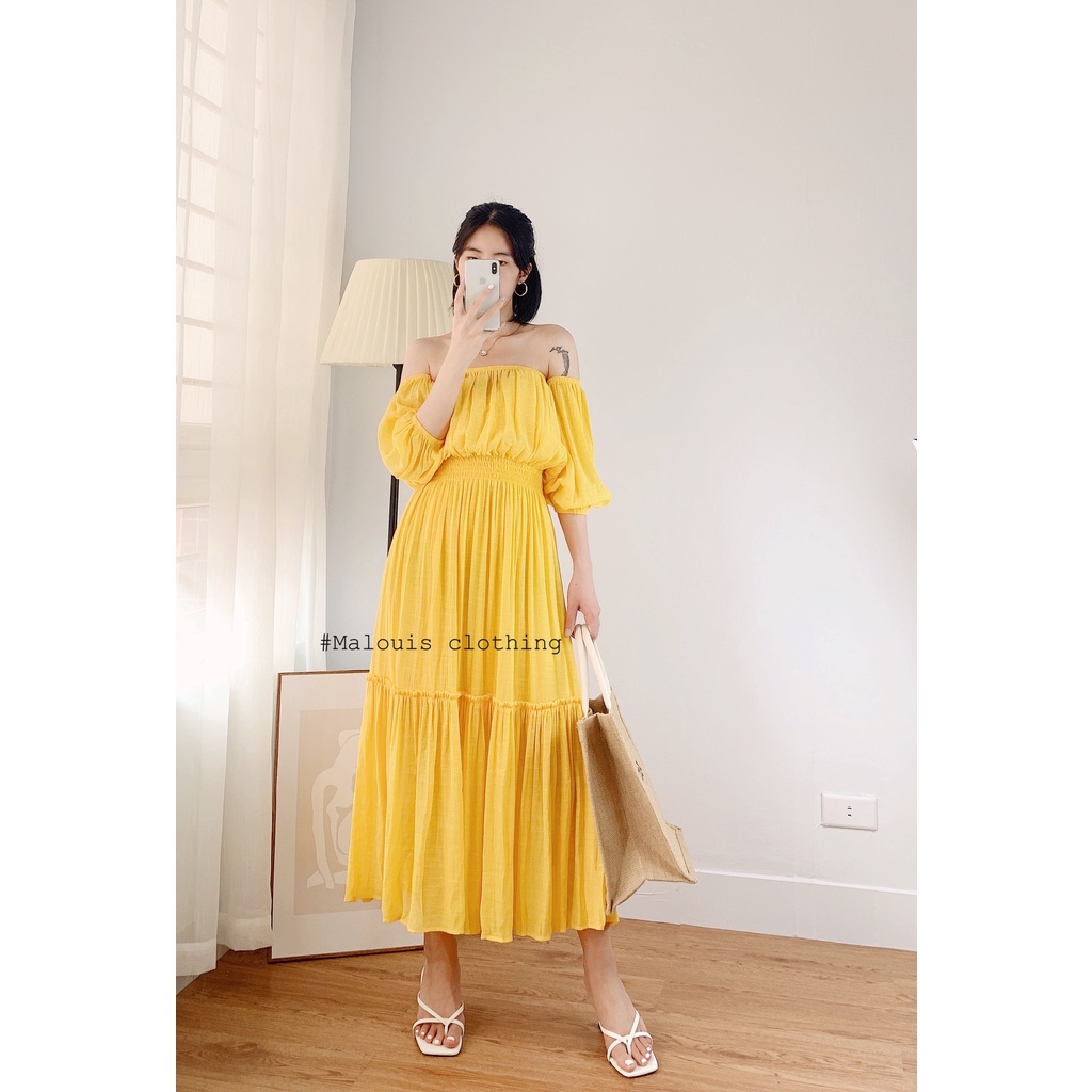 Đầm maxi cổ vuông màu xanh tay bồng chun eo dáng dài - V10