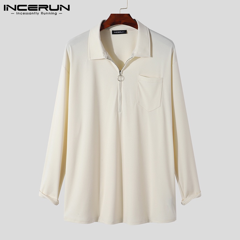 Áo nam INCERUN rộng rãi có dây kéo cổ bẻ tay dài thời trang 2 màu tùy chọn