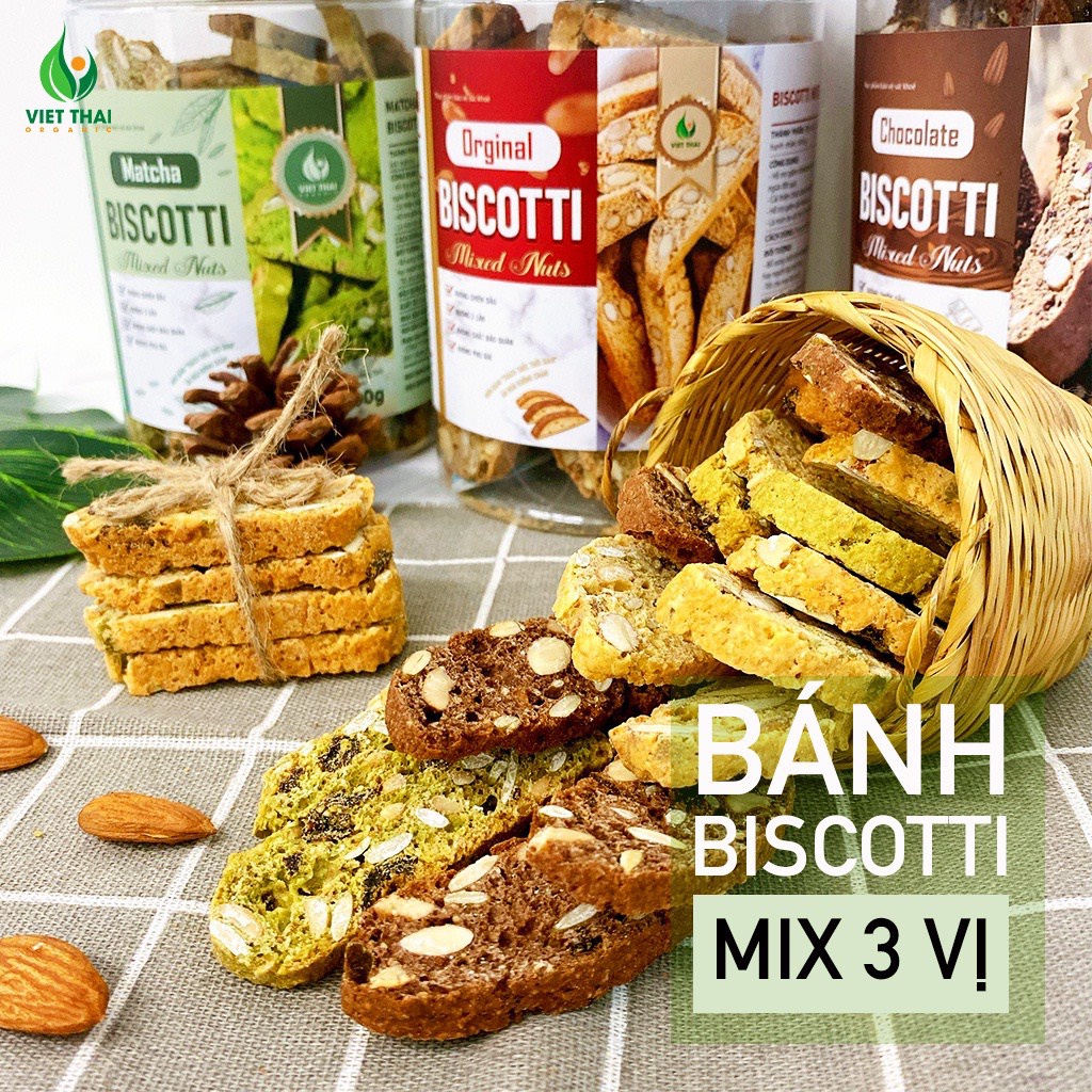 Bánh Biscotti ăn kiêng giảm cân heathly mix 3 vị siêu hạt, 100% nguyên cám, ăn sáng dinh dưỡng Việt Thái Organic