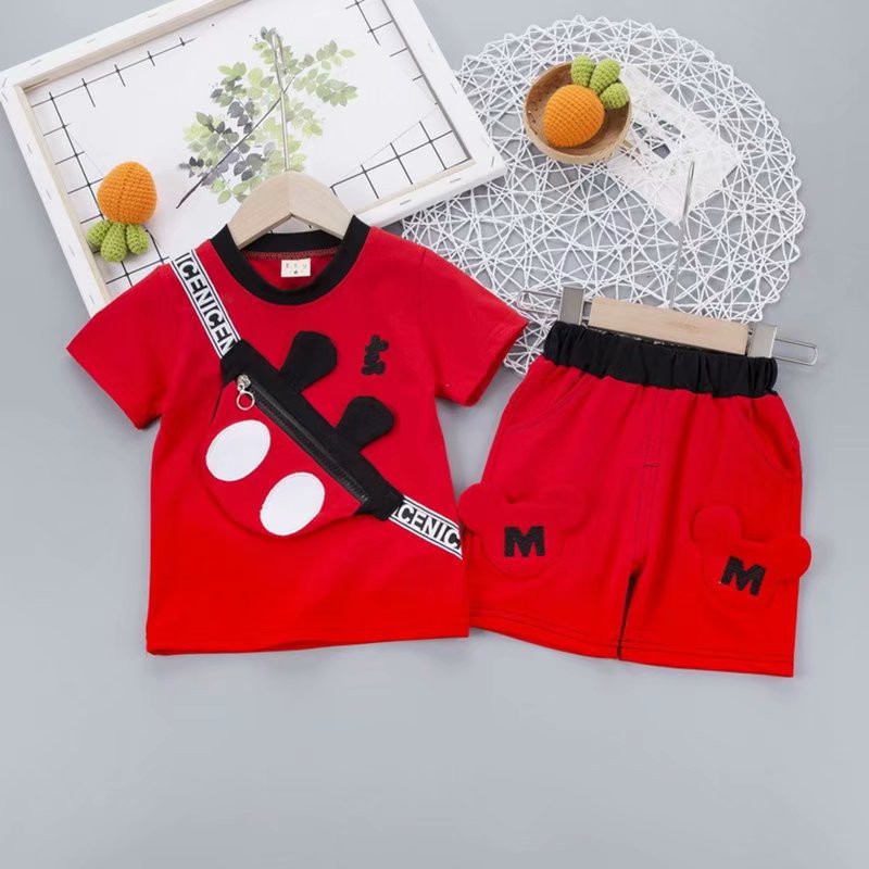 Set Áo Thun Tay Dài Hình Chuột Mickey + Quần Dài Có Túi Cho Bé