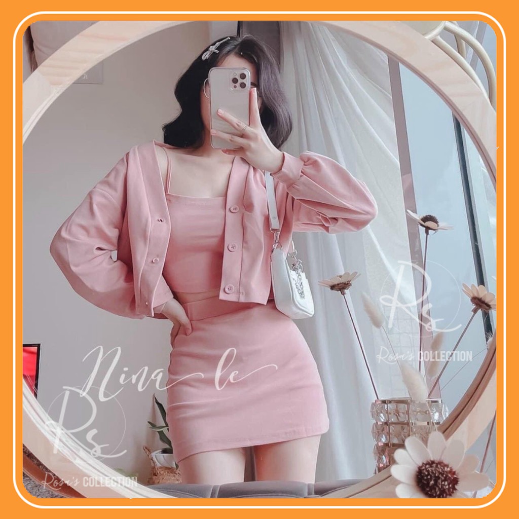 Set 3 món - Sét váy body kèm áo khoác cardigan chân váy ngắn siêu dễ thương