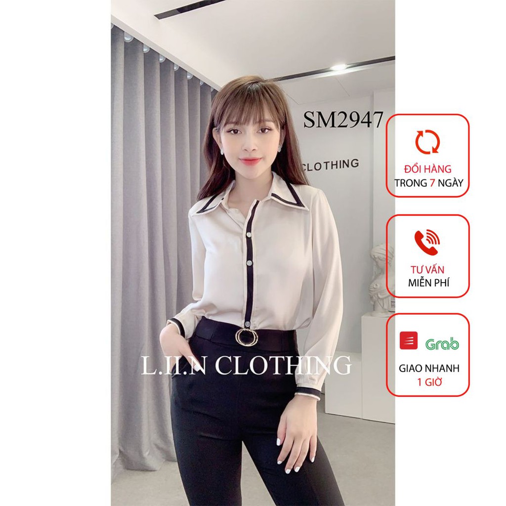 Áo sơ mi Lụa màu Be Viền Đen form công sở xinh xắn Liin Clothing SM2947