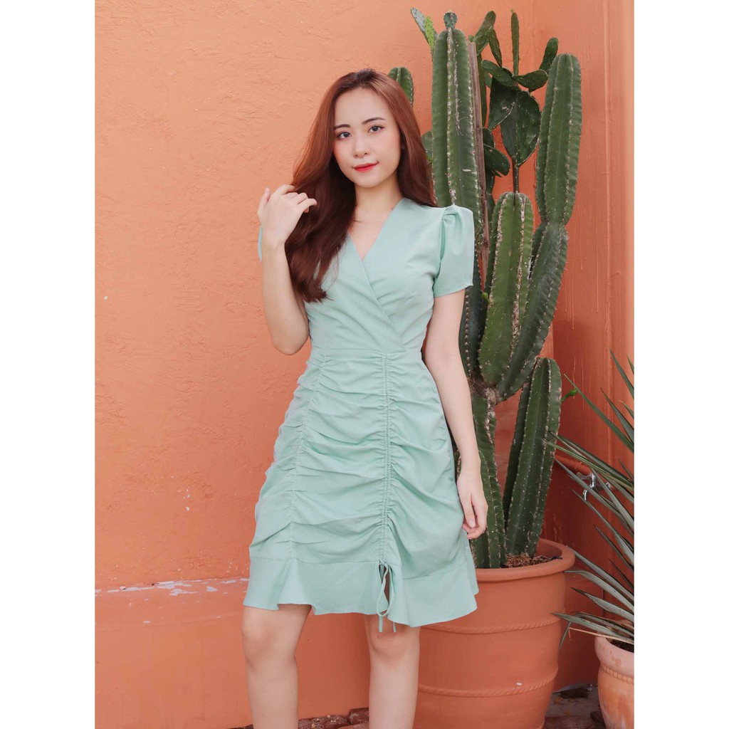 Đầm nữ dự tiệc thiết kế sang trọng dáng chữ a cổ v xanh ngọc tay ngắn SIÊU TÔN DÁNG may 2 lớp mềm mát BAO XINH - Lux W