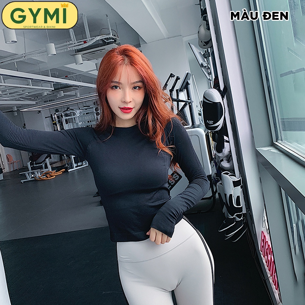 Áo tập gym yoga nữ dài tay GYMI AD18 dáng lửng thể thao logo C'mon Gymicon in sau lưng chất dệt cao cấp