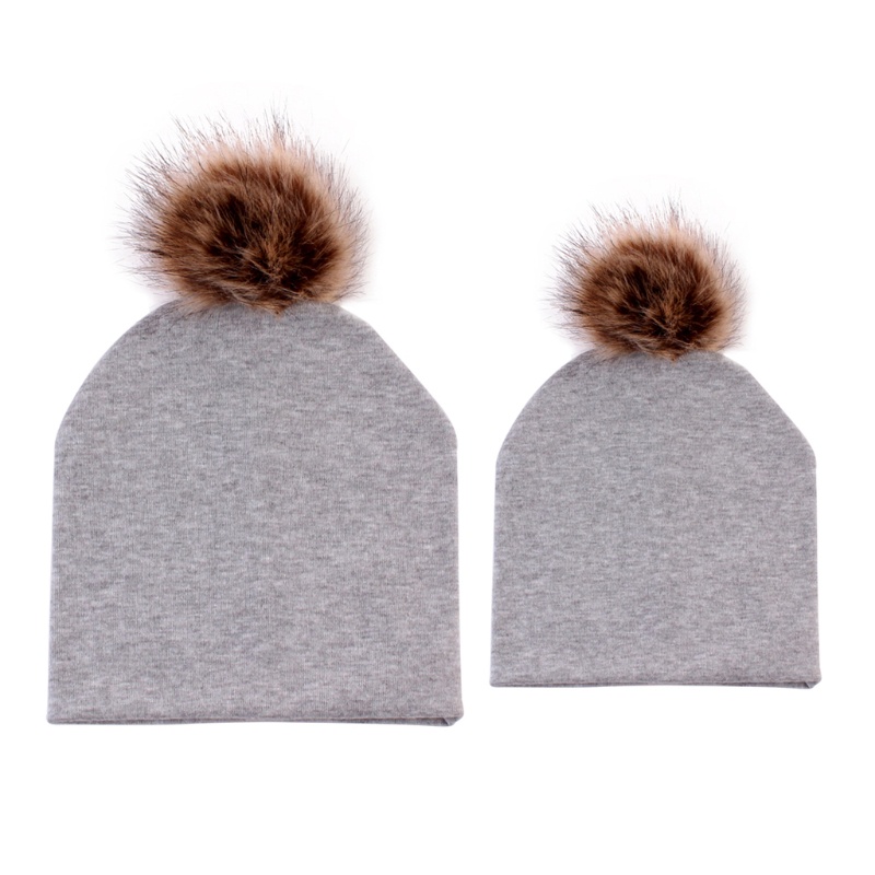 Mũ Beanie Vải Cotton Phối Cục Bông Giữ Ấm Mùa Đông Dành Cho Bé Trai Gái