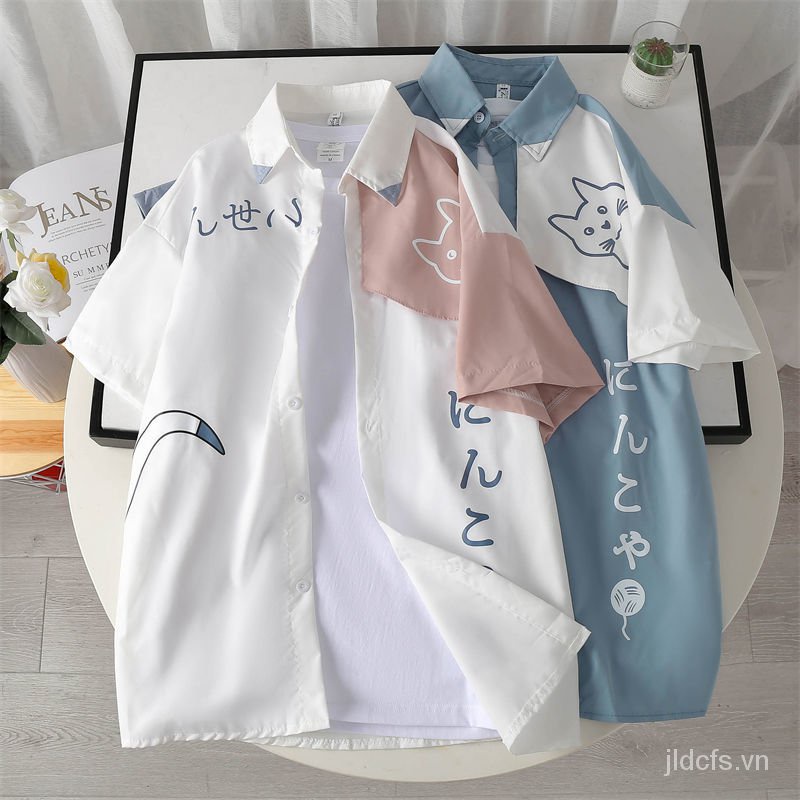 Áo sơ mi dài tay dáng rộng in hình mèo phong cách Nhật Bản/ Hàn Quốc thời trang cho nữ sinh
