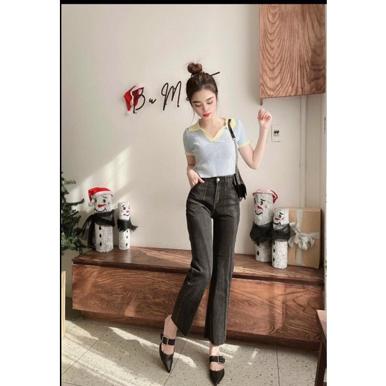 Quần bò jean nữ cạp cao ống đứng rộng suông loe co giãn vải Quảng Châu chuẩn đẹp dầy dặn mặc không bai