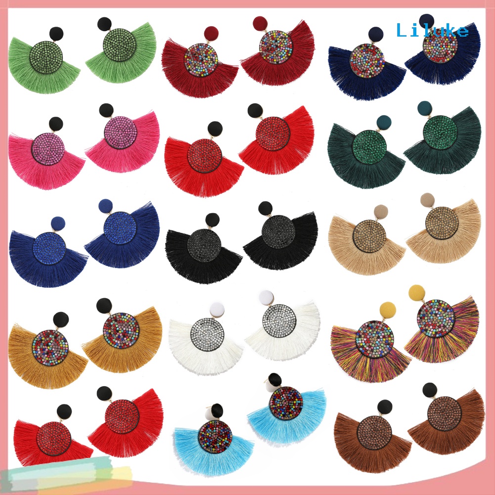 Đôi Khuyên Tai HìNh QuạT PhốI Tua Rua ĐíNh Kim Cương Giả ThờI Trang Cho Nữ