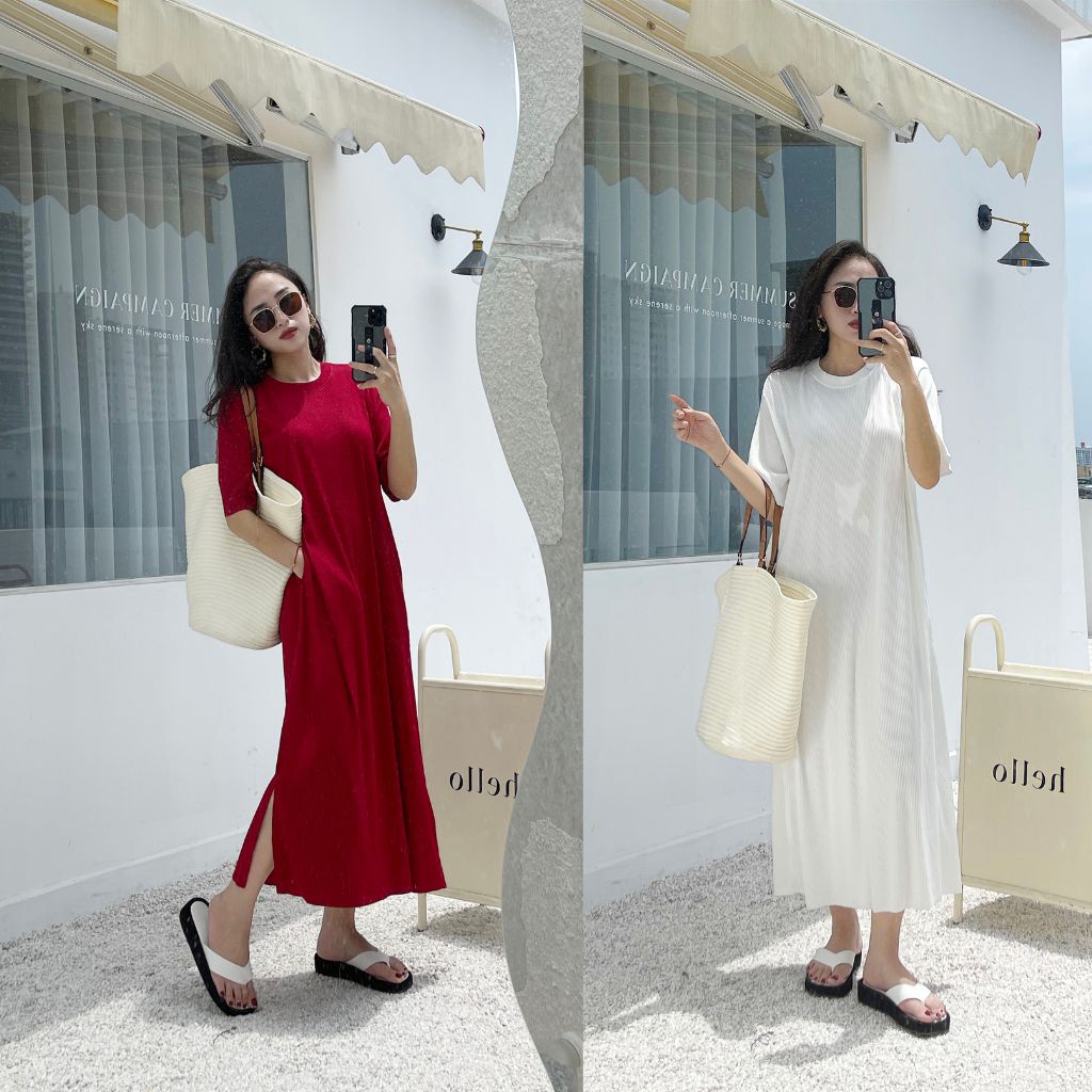 Váy cotton li gân cao cấp, Đầm phom suông dài che khuyết điểm,  cỏ xẻ tà 2 bên Macs Alway Dress