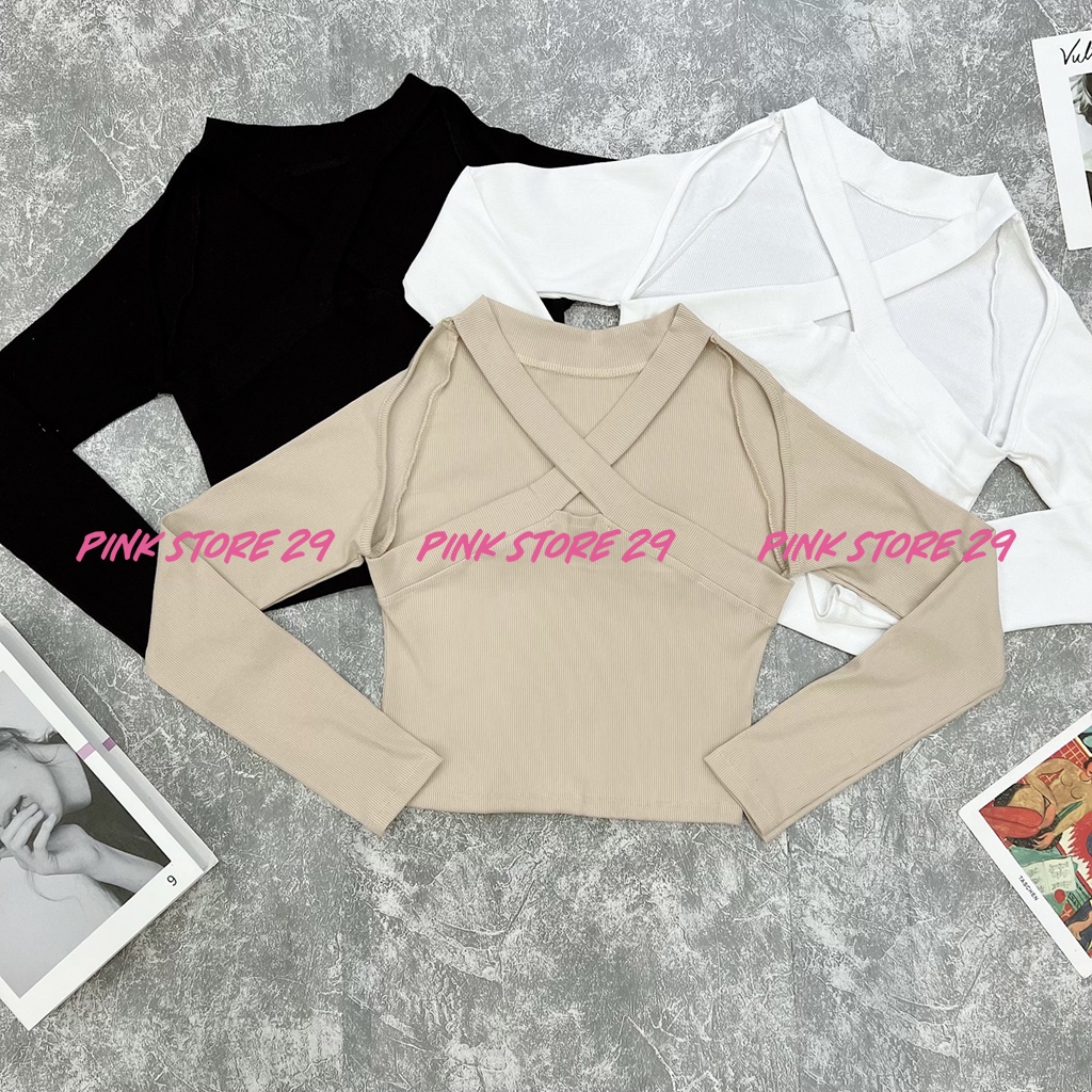 Áo Croptop Tay Dài PINKSTORE29 Dáng Ôm Body Hở Vai Dây Chéo Cổ A5454