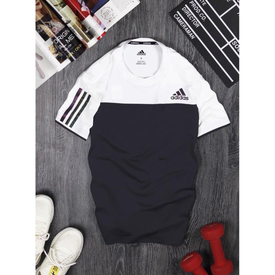 Áo nam cổ tròn Adidas thun lạnh 4 chiều phong cách thể thao phối mà trắng đen,Trắng xanh 1