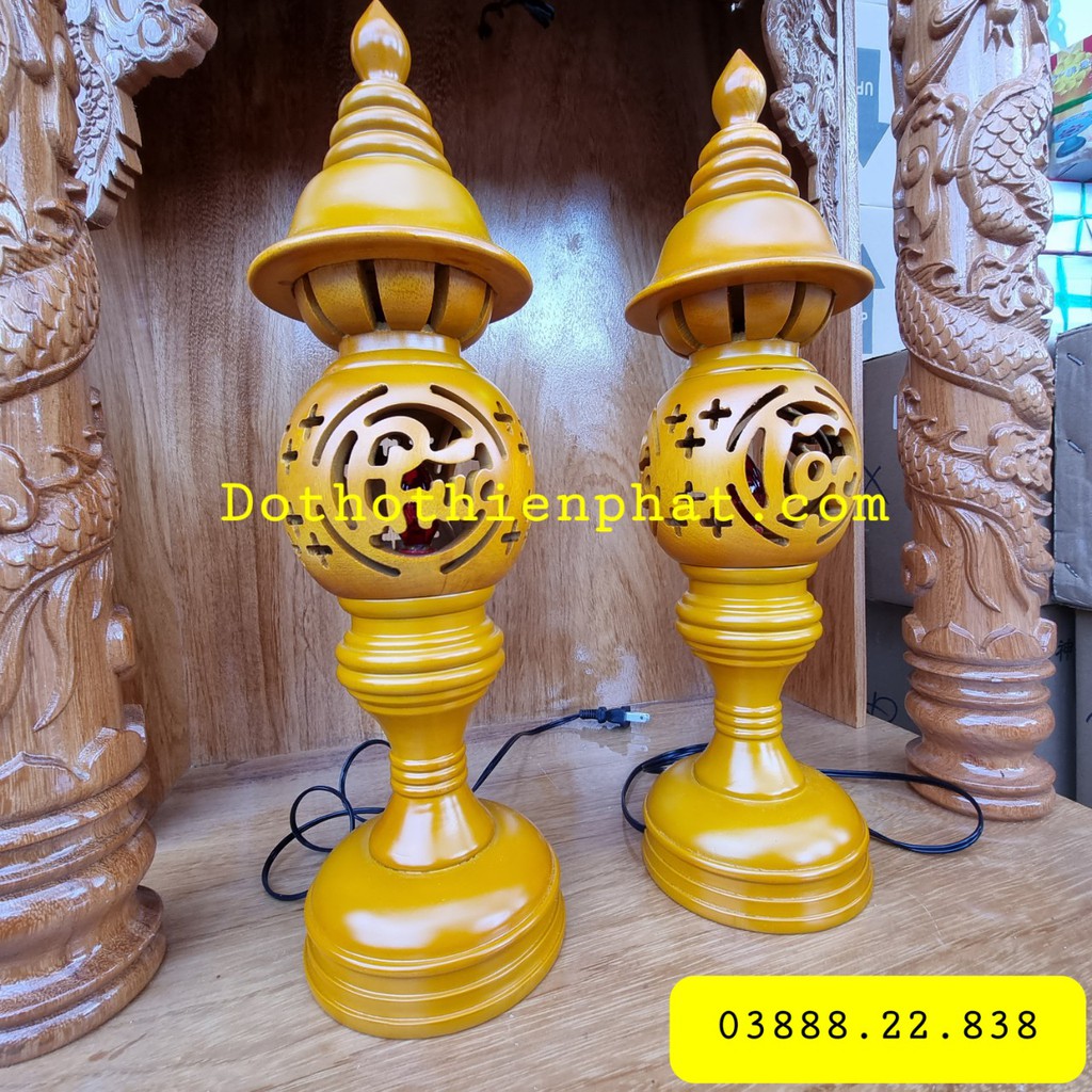 Cặp đèn thờ gỗ xà cừ cao 48cm phúc lộc thọ mẫu mới